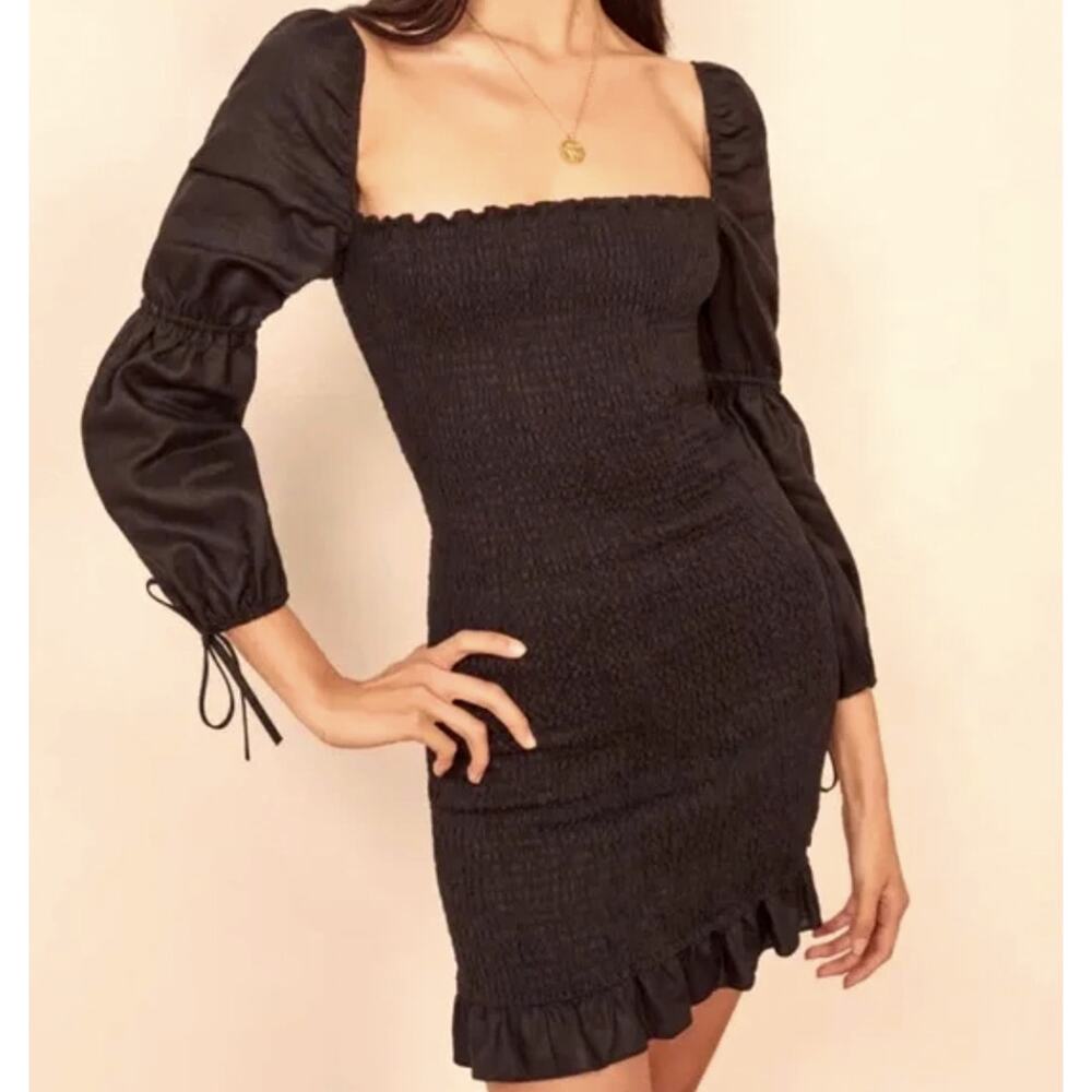 Reformation M Hilary Smocked Linen Mini Dress $278 Puff Sleeve Square Neck Black